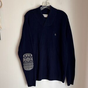 Penguin Dark Blue V-Neck Lambs wool Sweater Geometric Elbow Patch grandpa XL GUC